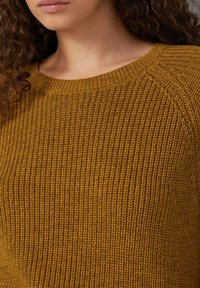 Mosterdgele gebreide trui met een ronde hals, geribde textuur en raglanmouwen. De stof lijkt zacht met een gemiddelde dikte.
