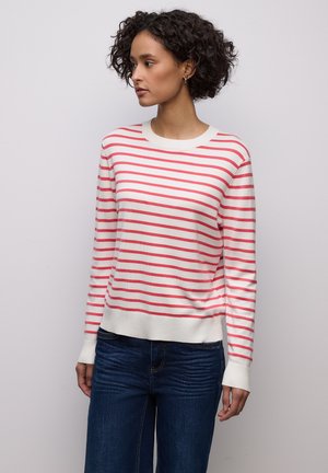 Pullover aus Strickstoff mit horizontalen roten und weißen Streifen, einem runden Halsausschnitt und langen Ärmeln mit gerippten Bündchen.