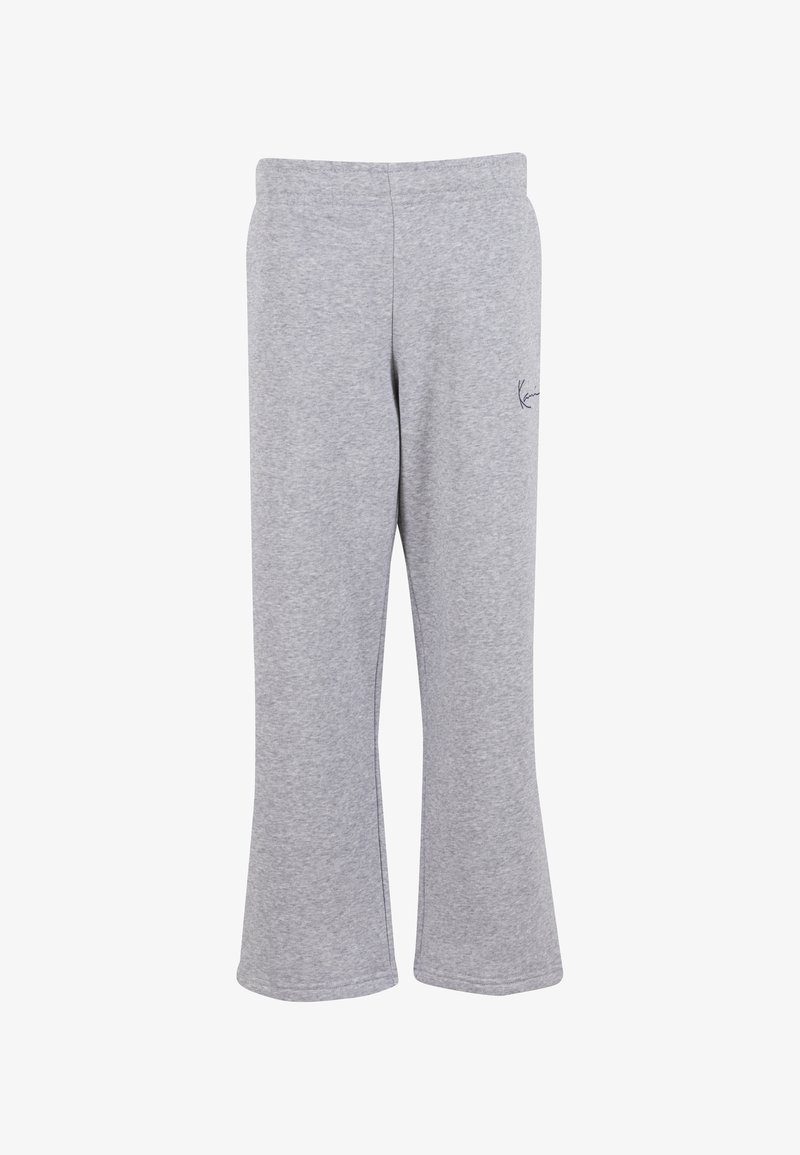 Pantalon de survêtement gris en mélange de coton avec une coupe décontractée et un design à jambe évasée. Présente un logo brodé sur le côté. Texture douce.