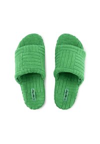 Green slippers made of soft fabric, featuring a textured, quilted design with two wide straps and a patterned sole.