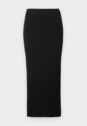 Μαύρη μίντι φούστα με μολύβι από πλεκτό ριμπ ύφασμα, με ψηλή μέση, απεικονισμένη επίπεδη σε λευκό φόντο.