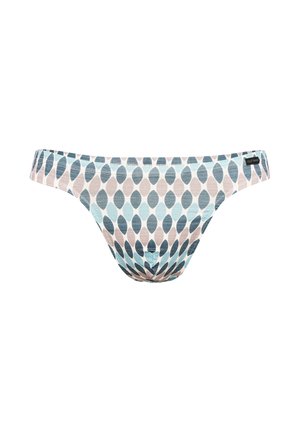 Herenboxers met een patroon van overlappende ovale vormen in tinten blauw, turquoise en beige op een witte achtergrond.