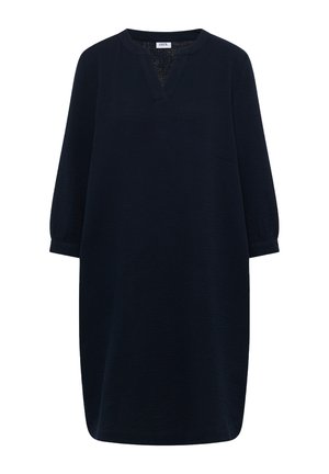 Schwarzes knielanges Kleid mit dreiviertel Armen und V-förmigem Ausschnitt, im Kragen mit "Cecil"-Etikett.