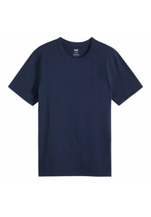 Granatowy, krótki t-shirt Levi's z dekoltem w łódkę, z małą czarną metką z logo na lewej piersi.