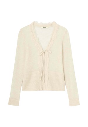 Cardigan tricoté couleur crème à manches longues, fermeture nouée à l'avant, et bordure en dentelle festonnée le long de l'encolure et des bords avant.