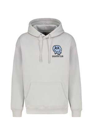 Light gray hooded sweatshirt made of soft material, featuring a front pouch pocket and a blue skull graphic with "DISASTER CLUB" text.
