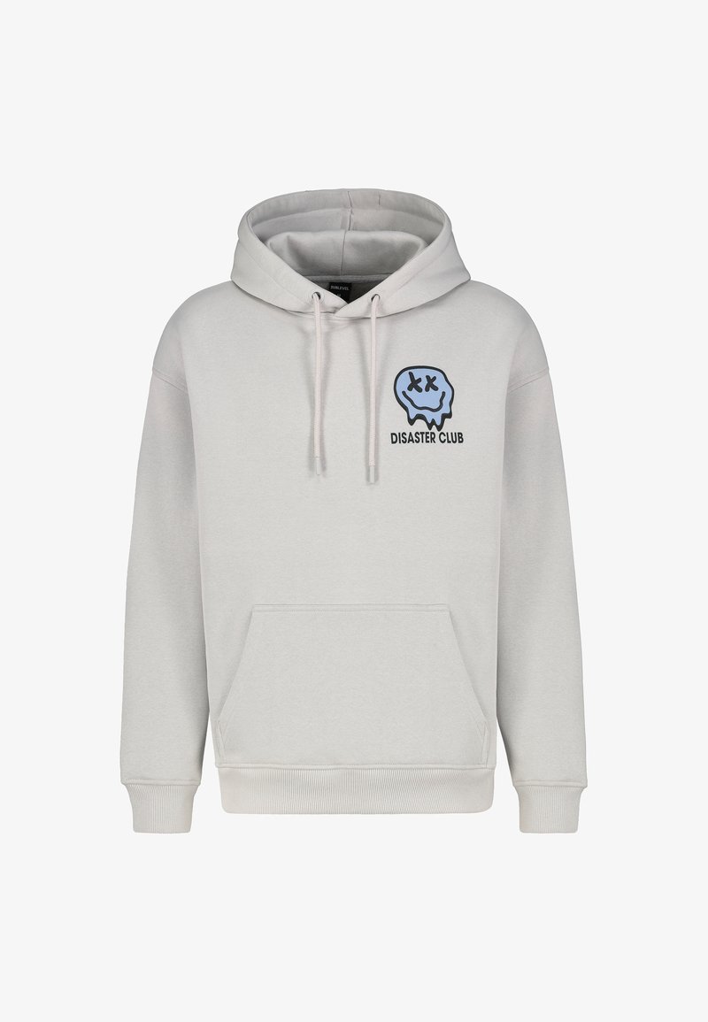 Light gray hooded sweatshirt made of soft material, featuring a front pouch pocket and a blue skull graphic with "DISASTER CLUB" text.