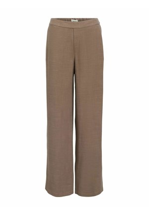Hlače širokih nogavica u neutralnoj smeđoj nijansi, s glatkom teksturom i elastičnom gumom za udobnost i lakoću nošenja.