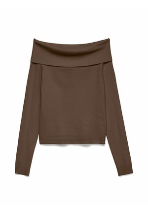 Brūns ribots plecus atsedzošs tops ar garām piedurknēm, platu salokāmu apkakli un pieguļošu siluetu.