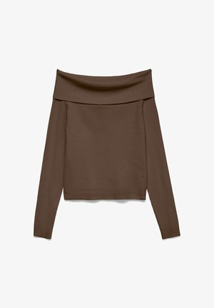 Brūns ribots plecus atsedzošs tops ar garām piedurknēm, platu salokāmu apkakli un pieguļošu siluetu.