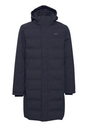 Dunkelblauer Puffer-Mantel mit Kapuze, mit Reißverschluss vorne, Textlogo auf der Brust und einem langen, geraden Schnitt mit elastischen Bündchen.