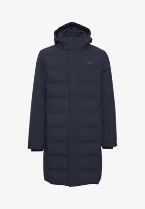 Mørkeblå pufferjakke med hætte, der har lynlås foran, tekstlogo på brystet samt en lang, lige pasform med elastiske manchetter.
