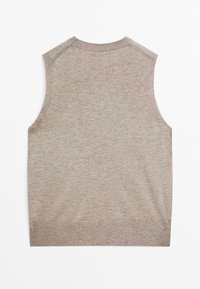 Beige ilmanhihaine villapaita, jossa on pyöreä pääntie ja ribbaus. Valmistettu pehmeästä neulotusta materiaalista, jossa on hienovarainen tekstuuri ja tasainen väri.