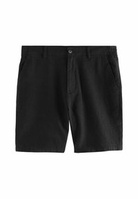 Pantalones cortos de lino negros con cierre de botón, cinturilla elástica, dos bolsillos laterales y una textura lisa y suave. Diseñados para la comodidad y la versatilidad.