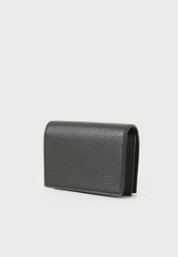 Black leather wallet with a textured surface, fold-over design, and rounded corners. Compact shape with no visible hardware.