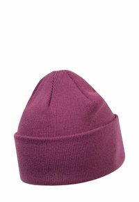Purple knit beanie with a tapered top and rolled brim. Made from soft, stretchy material; features a smooth texture and even stitching.