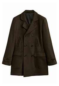 Cappotto in lana marrone doppiopetto con rever a punta, quattro tasche frontali e bottoni sui polsini. Texture morbida e vestibilità su misura.