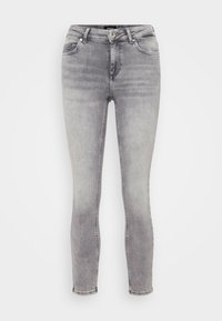 Jeans skinny de denim gris con un lavado desvanecido, cinco bolsillos, pasadores para cinturón y cierre de cremallera. Textura suave y corte ajustado.