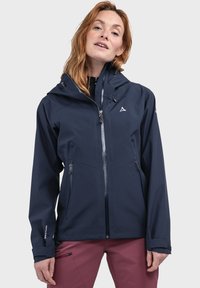 Navy wasserdichte Jacke mit durchgehendem Reißverschluss, verstellbarer Kapuze und zwei Reißverschlusstaschen. Bietet ein schlankes Design und eine weiche Textur.