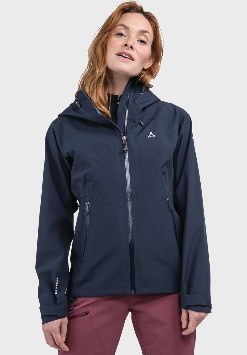 Navy wasserdichte Jacke mit durchgehendem Reißverschluss, verstellbarer Kapuze und zwei Reißverschlusstaschen. Bietet ein schlankes Design und eine weiche Textur.