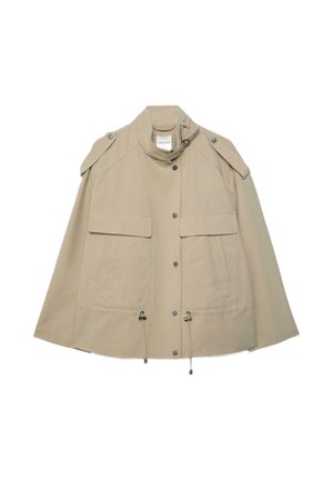 Giacca utility beige con collo alto, bottoni a pressione sul davanti, spalline, tasche con patta sul petto e coulisse regolabili sul fondo.