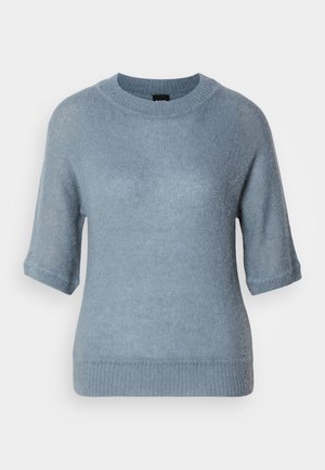 Light blue sweater made of soft knit material, featuring short sleeves, a round neck, ribbed cuffs, and a slightly relaxed fit.