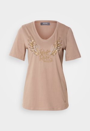 Light beige cotton t-shirt with short sleeves, v-neckline, and metallic wing graphic with "Rock & Roll" text in gold and silver.