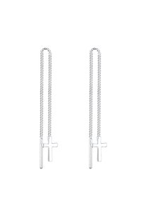 Silberohrringe mit verlängerten Ketten, an denen ein vertikaler Balken und ein kleines Kreuz hängen. Glatte, polierte Metalloberfläche.