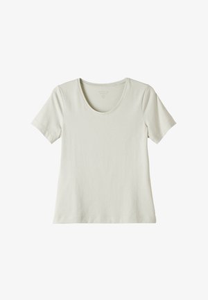 Korte mouwen, lichtbeige katoenen T-shirt met een ronde hals, plat weergegeven tegen een witte achtergrond.