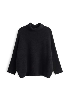 Zwarte, oversized sweater van gestructureerde stof, met een colkraag, brede mouwen en een gebogen zoom voor een relaxte pasvorm.