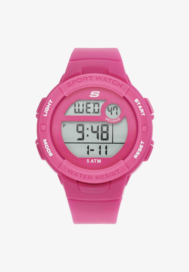 Digitale pinke Sportuhr zeigt 21:48 Uhr, Mittwoch, 11. Januar, mit Tasten für Licht, Start, Modus und Reset, wasserdicht 5 ATM.