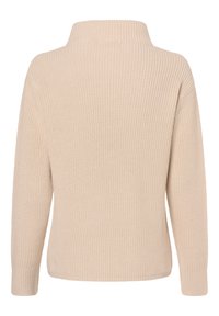 Jersey de punto beige con un cuello alto acanalado y mangas largas, que presenta un patrón texturizado y un corte holgado.