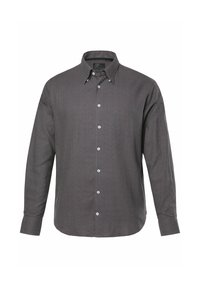 Dunkelgraues Langarmhemd mit Knopfleiste, strukturiertem Muster, Kragen und weißen Knöpfen. Verfügt über einen geraden Saum und eine lockere Passform.