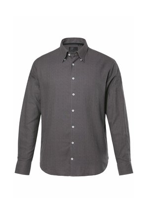 Dunkelgraues Langarmhemd mit Knopfleiste, strukturiertem Muster, Kragen und weißen Knöpfen. Verfügt über einen geraden Saum und eine lockere Passform.