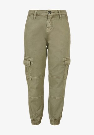Cargo bukser i oliven grøn, lavet af blød bomuldsblanding. Har elastiske manchetter, sidelommer og syning detalje langs sømmene.