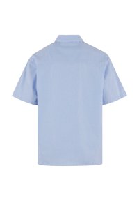 Korte mouwen, lichtblauw gestreept shirt met een puntige kraag, relaxte pasvorm en een gladde stoftextuur. Achteraan is er geen zichtbare sluiting.