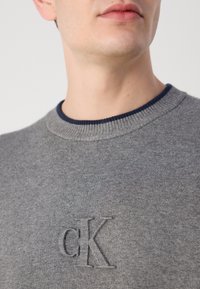 Pilkas megztinis su apykakle, turintis tamsiai mėlyną gipiūro apykaklę ir subtilų išsiuvinėtą 'cK' logotipą krūtinėje.