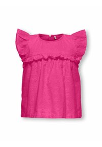 Haut rose à manches courtes avec un col rond, accents volantés et motif floral en œillets. Tissu léger avec une coupe ample. Fermeture par boutons au dos.