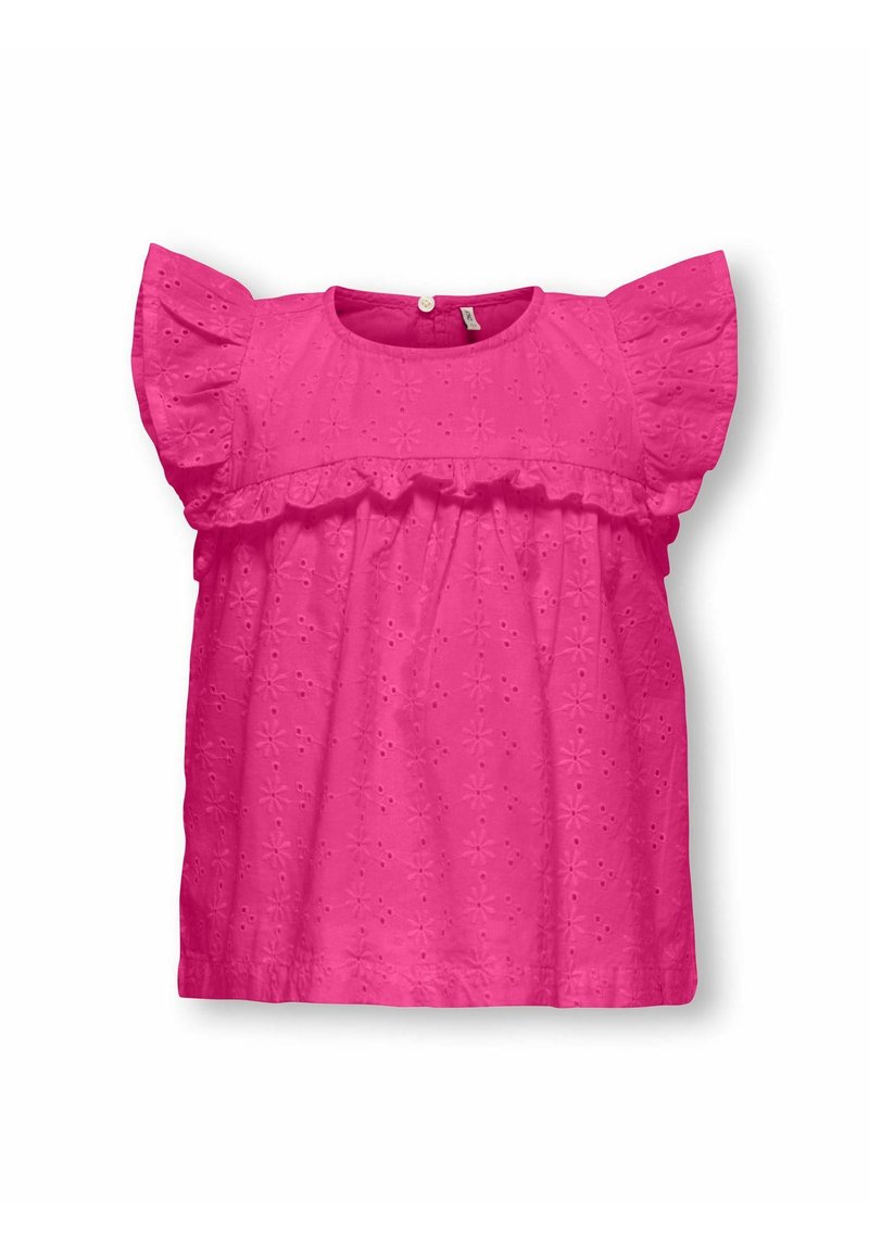 Roze, kortärmige top met een ronde hals, gerimpelde accenten en een bloemen-ogengaatjespatroon. Lichte stof met een losse pasvorm. Knopsluiting aan de achterkant.