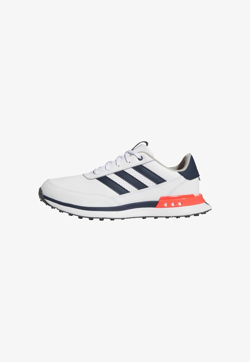 White athletic shoes with navy blue stripes, a red accent on the heel, and a textured sole. Features a lace-up design and padded collar.
