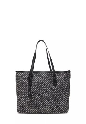 Borsa tote nera con un motivo ripetuto bianco "RICH", dotata di due manici lunghi e un design strutturato.