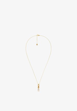 Zarte Halskette aus Goldkette mit einem goldenen Wirbelanhänger, der in der Mitte eine einzelne weiße Perle hält.