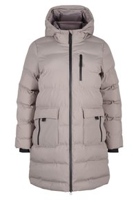 Ljusgrå pufferjacka med huva, dragkedjestängning, två framfickor och en stilren design. Utrustad med kontrasterande mörka detaljer.