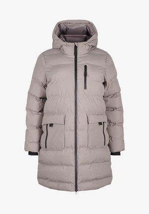 Cappotto puffer grigio chiaro con cappuccio, chiusura con zip, due tasche frontali e un design elegante. Presenta accenti di hardware scuri a contrasto.