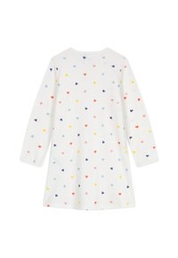 Λευκό μακρυμάνικο φόρεμα με στρογγυλή λαιμόκοψη, διακοσμημένο με διάσπαρτο μοτίβο μικρών, πολύχρωμων καρδιών σε κόκκινο, ροζ, κίτρινο, μπλε και ναυτικό μπλε.