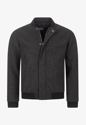 Czarna kurtka bombowiec z teksturowanej tkaniny, z zapięciem na zatrzaski, kontrastowymi prążkowanymi mankietami i suwakiem oraz klasycznym kołnierzem.