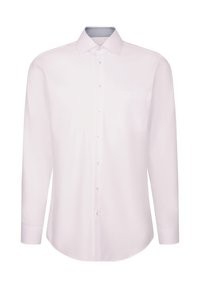 Camicia bianca a maniche lunghe con colletto a punta, taschino sul petto e abbottonatura frontale. Il colletto interno presenta un motivo a quadretti.