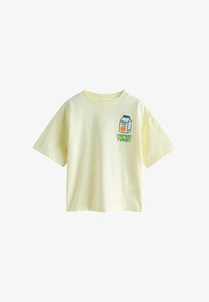 Light yellow short-sleeve T-shirt with cartoon orange juice carton and "Farmers Market" text on the left chest.