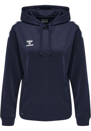Navyfarbener Kapuzenpullover aus glattem Stoff, mit weißen Akzenten auf den Schultern, einer vorderen Kängurutasche und einer Kapuze mit Kordelzug.