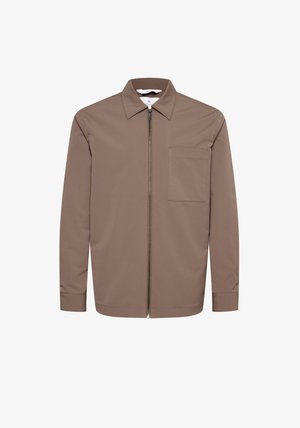 Braune Zip-Jacke mit einem Kragen, einer Brusttasche, langen Ärmeln und einer glatten Textur. Mit einem Metallreißverschluss an der Vorderseite.